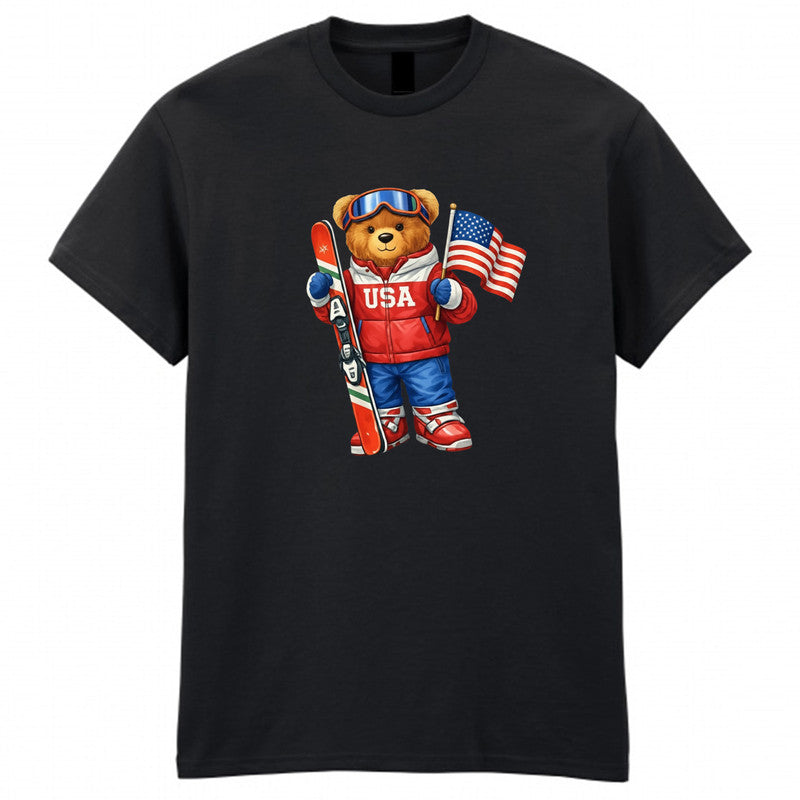 USA Winter 2026 Skiing Teddy Bear Adult Kids T-Shirt Sports  Italy Milano Cortina Tee