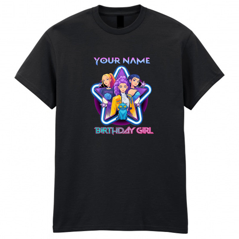 Personalised Birthday Girl T-Shirt K-Pop Demon Huntrix Pop Derpy Cat Gift Tee