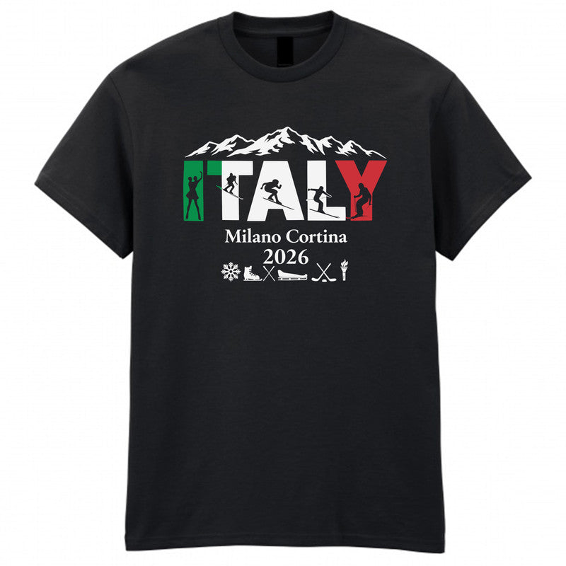 Italy Winter Sports Skiing 2026 Adult T-Shirt Snowboarding Skating Italian Winter Mountain Tee
