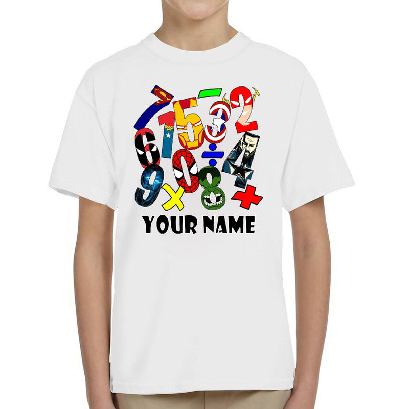 Personalised Superhero Numbers Day Adult Kids T-Shirt Numeracy Book Math Tee